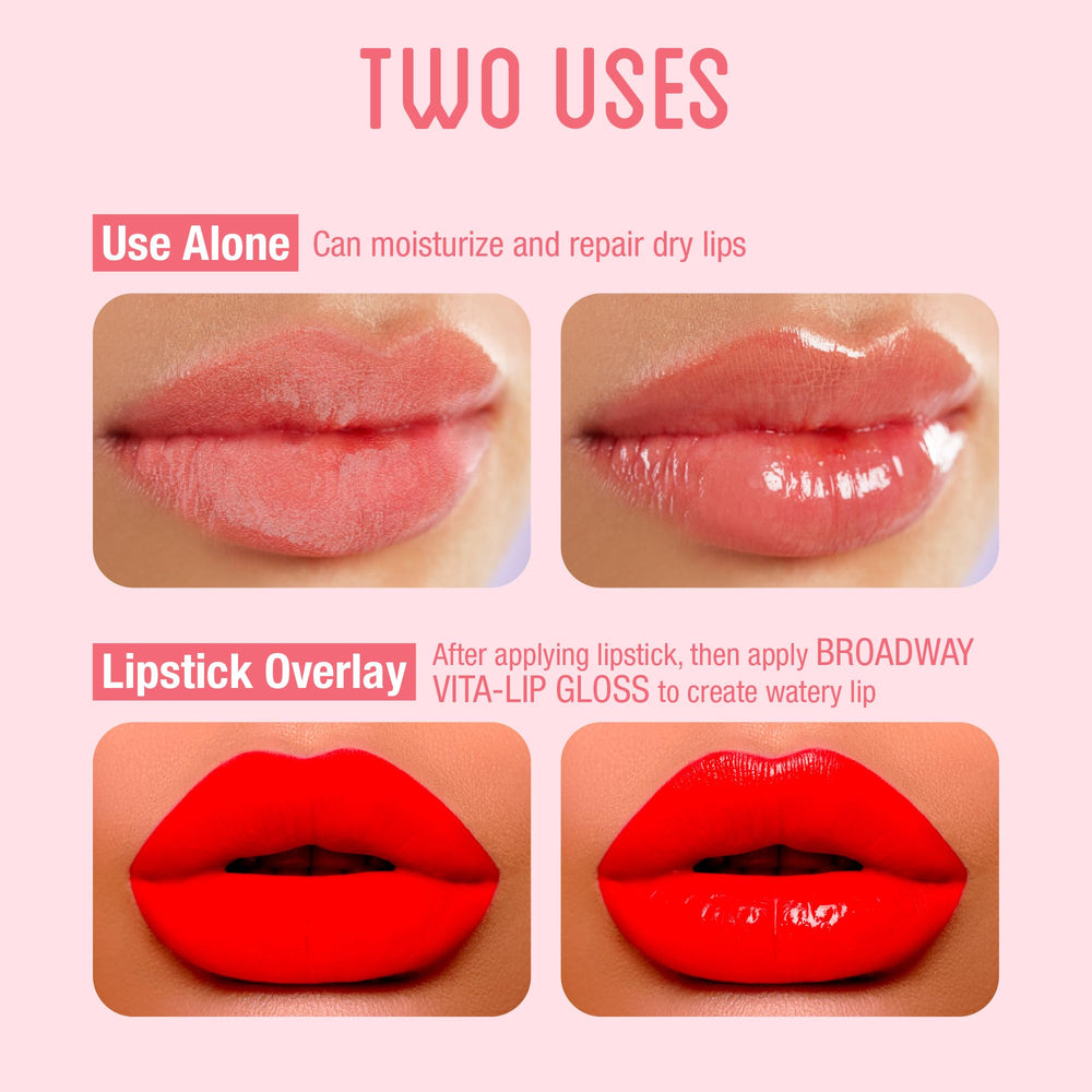 Ruby Kisses Broadway Vita-Lip Gloss on lips shows gentle shimmer