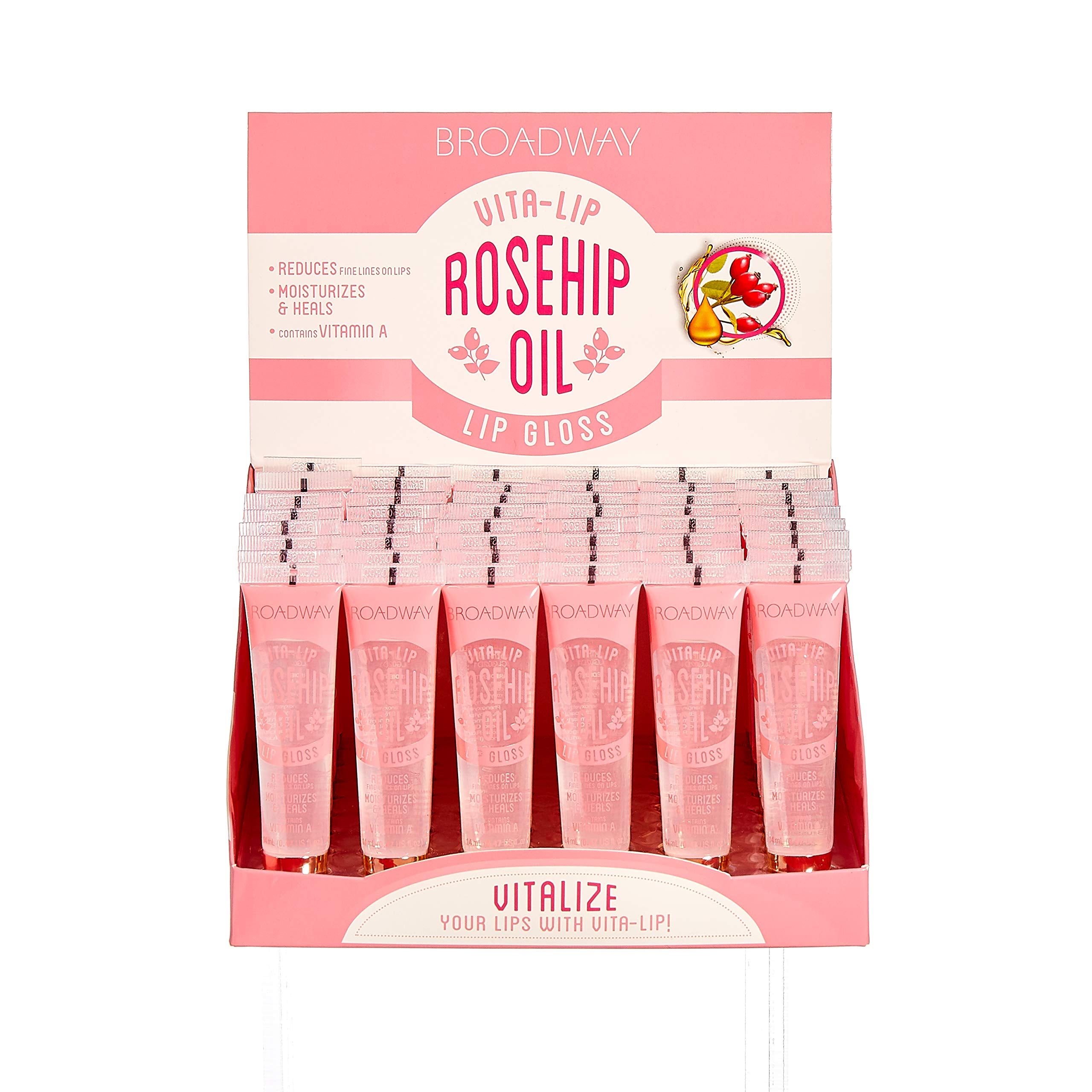 Ruby Kisses Broadway Vita-Lip Gloss rosehip bottle highlighting hydration for daily lips