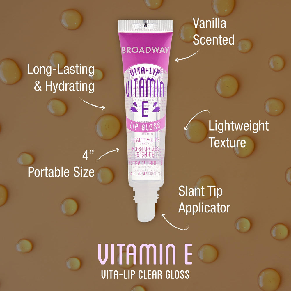 Ruby Kisses Broadway Vita-Lip Gloss tube closeup highlights non-sticky, high-shine formula with lightweight feel.