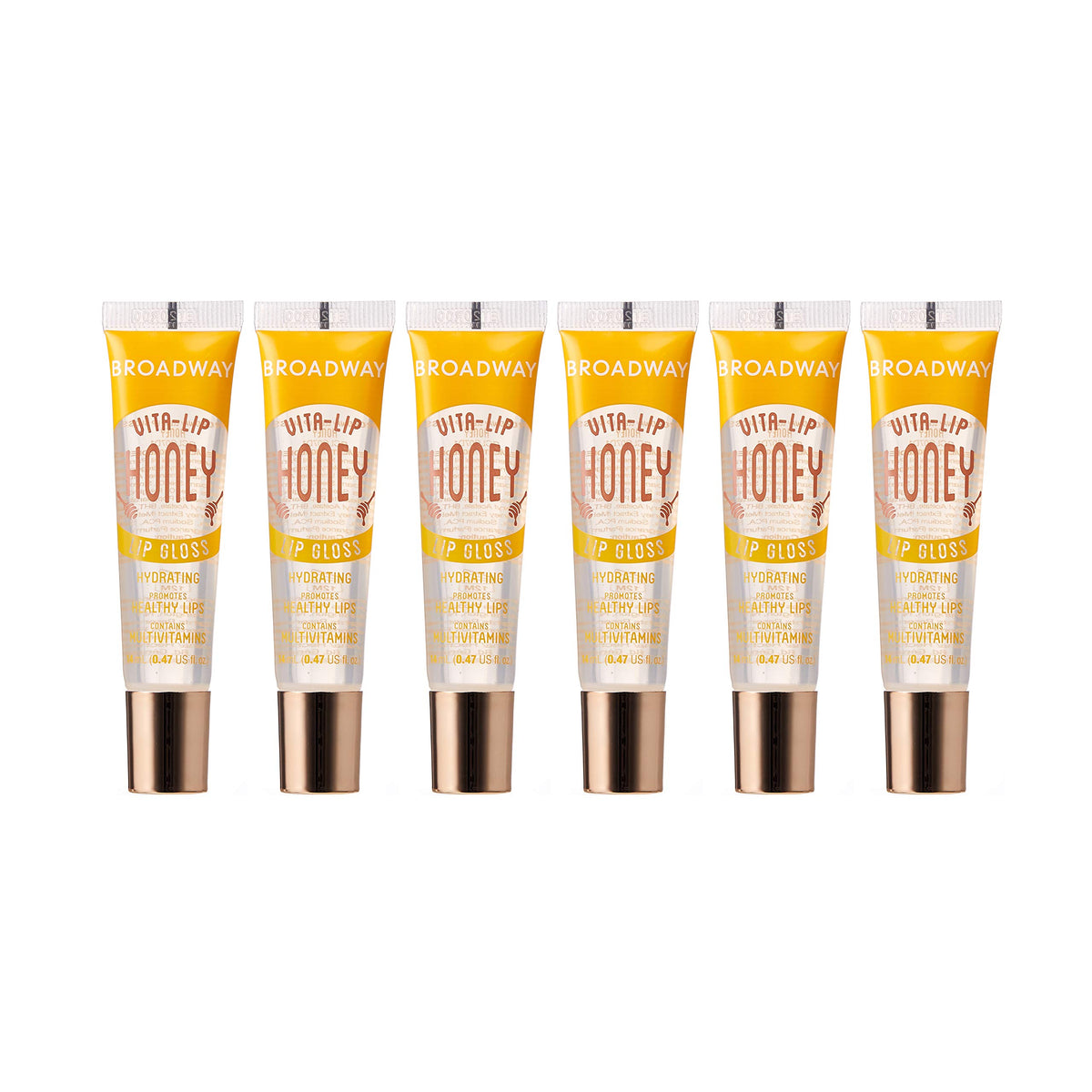 Ruby Kisses Broadway Vita-Lip Gloss tube closeup shows hydrating, high-shine formula.