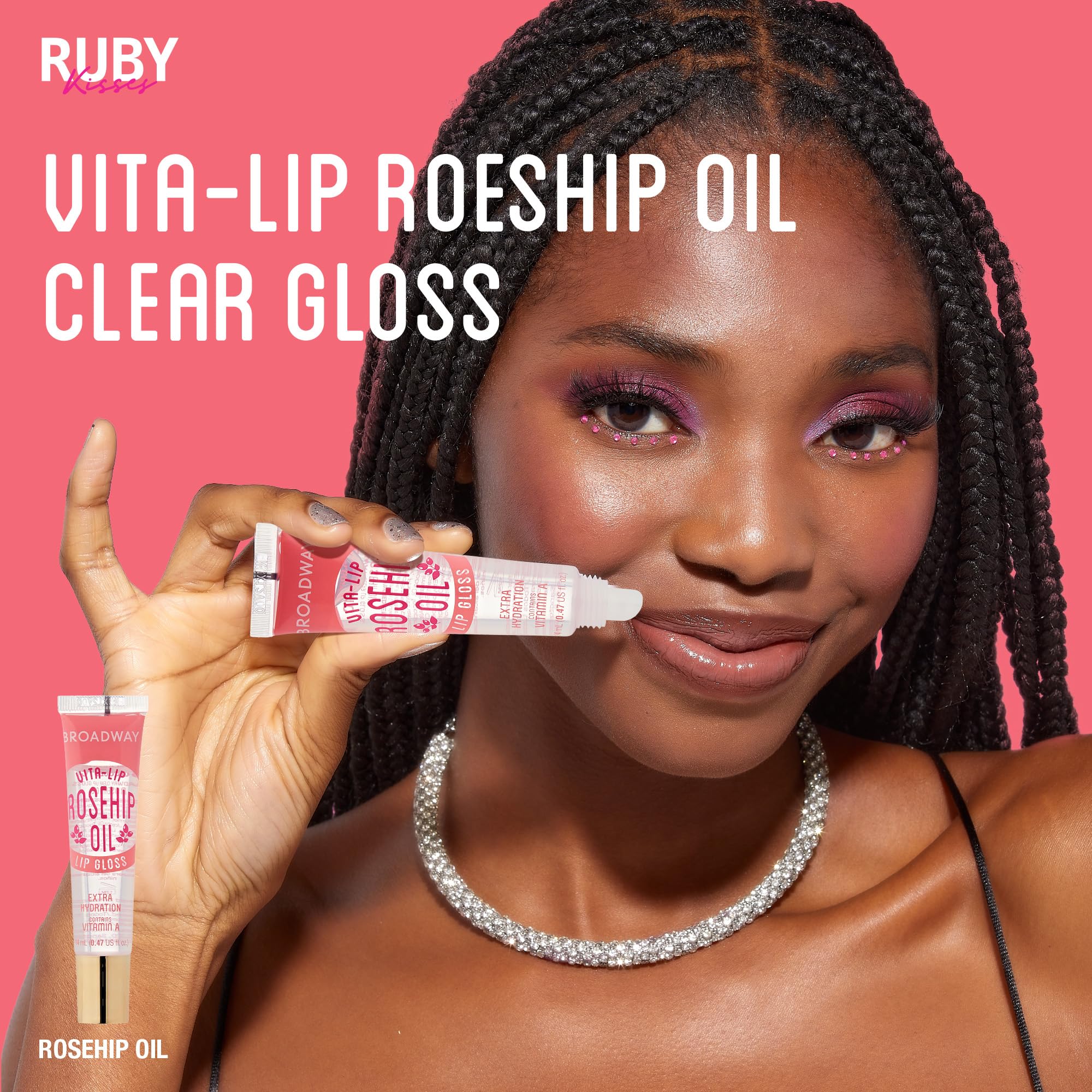 Ruby Kisses Broadway Vita-Lip Gloss tube close-up with vitamin oils