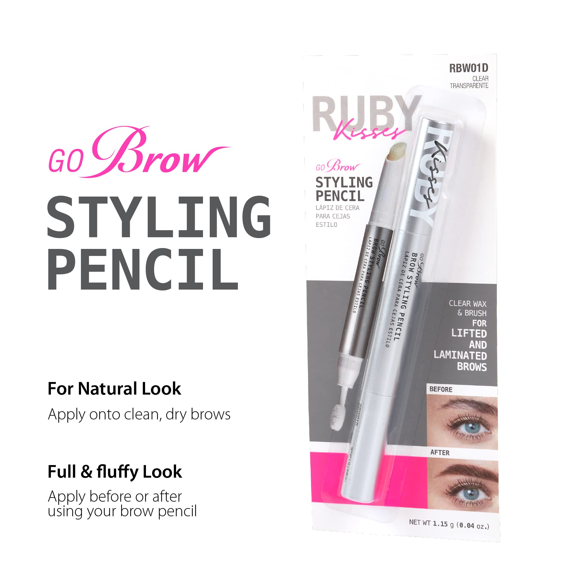 Ruby Kisses Brow Styling Pencil with Brush clear-wax swatch demonstrates natural finish and hold.