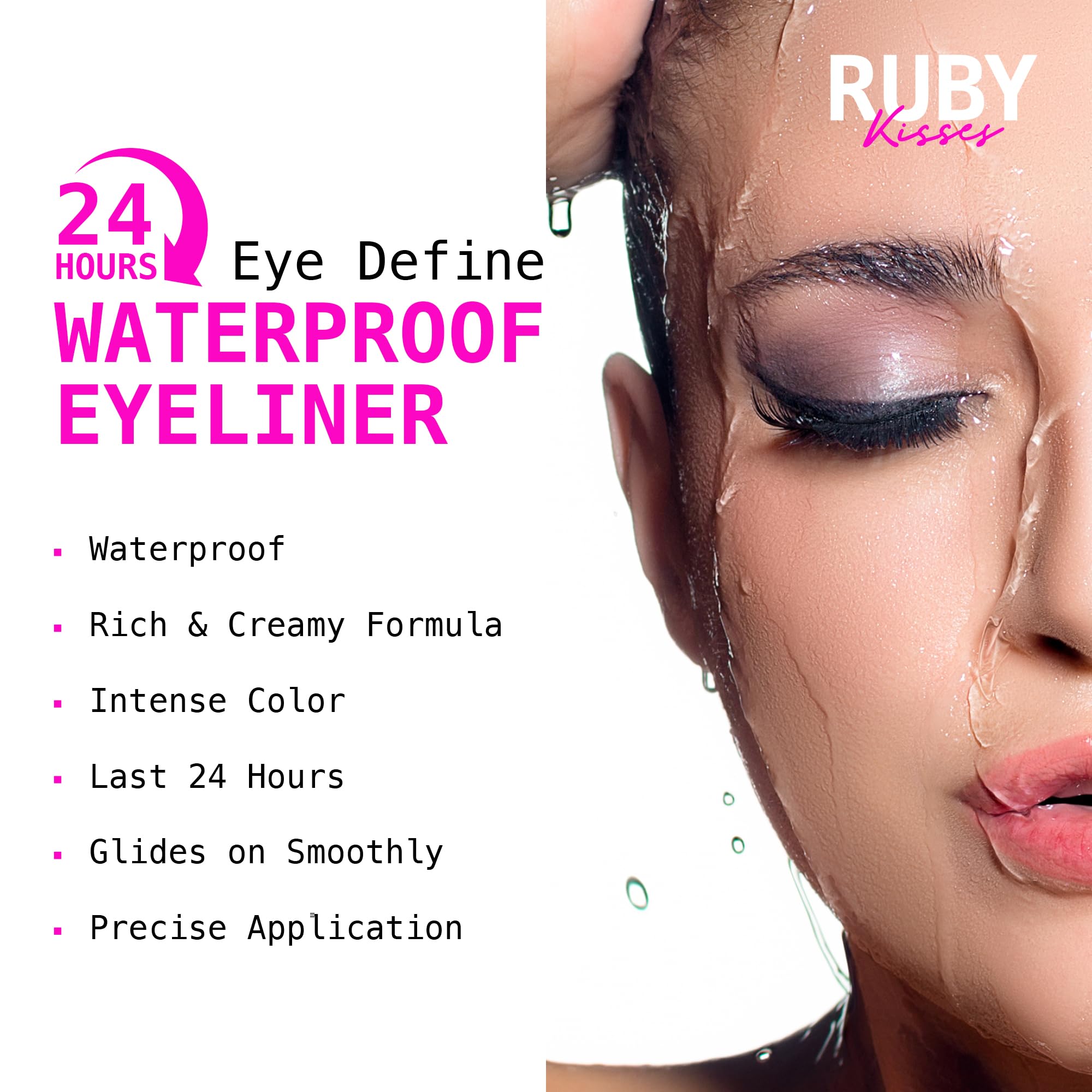 Ruby Kisses Waterproof 24HR Eye Define Eyeliner precision-tip application demonstrates effortless wing for precise looks.