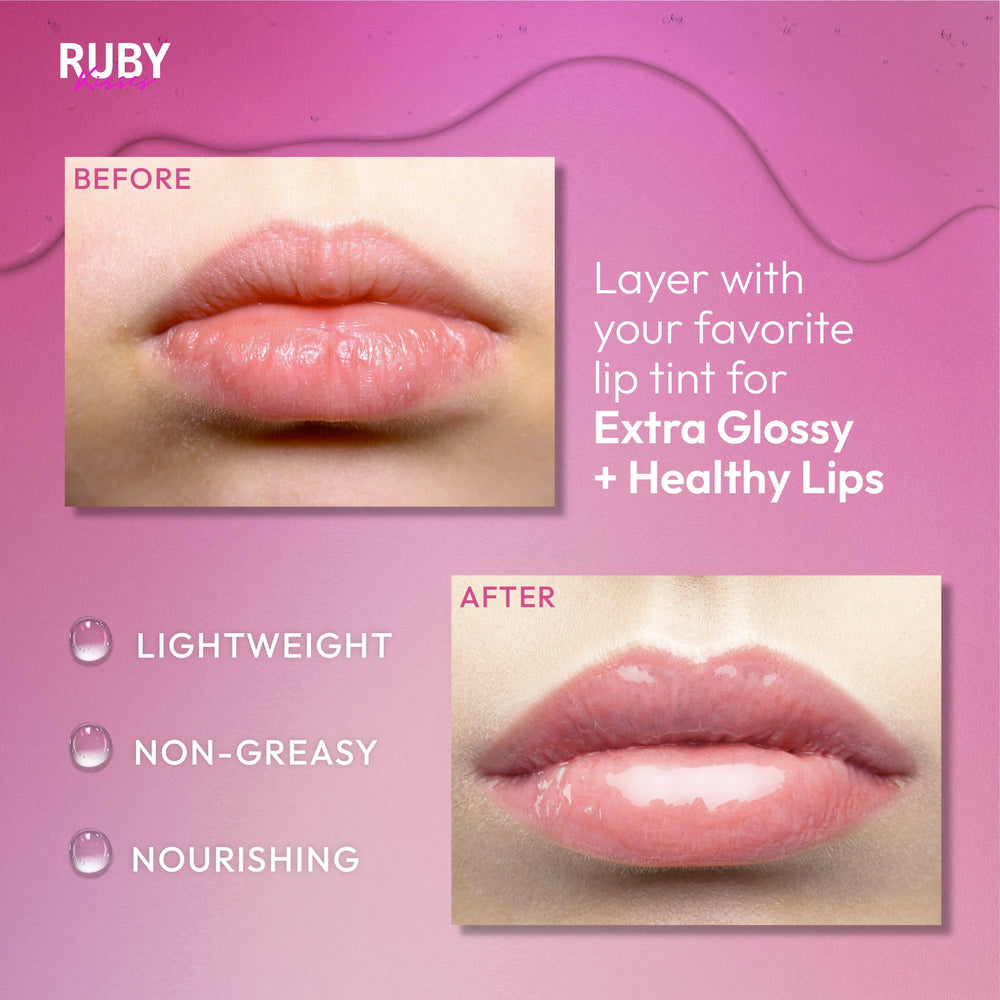 Ruby Kisses hydrating lip oil wand closeup shows lightweight, non-sticky sheen.