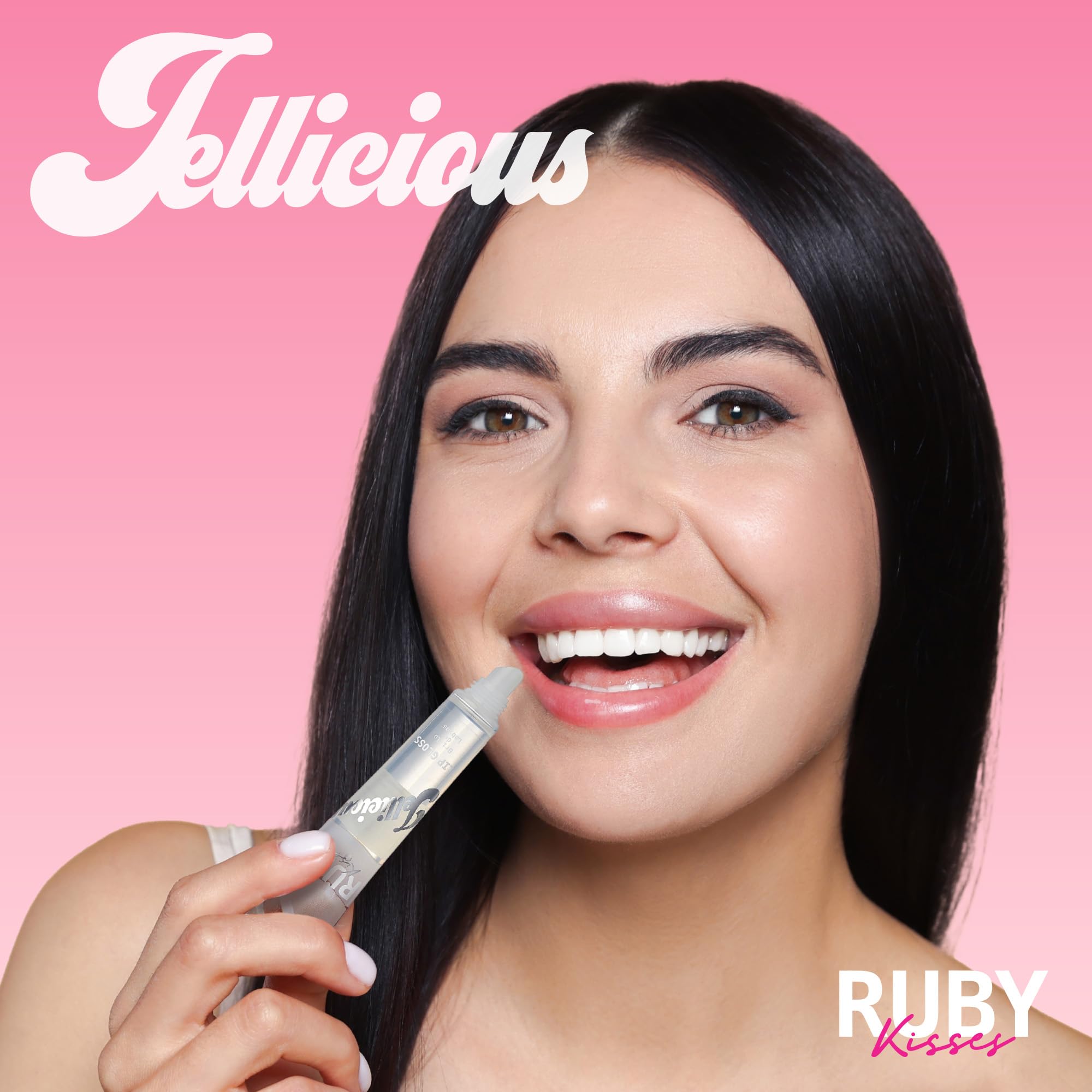 Ruby Kisses Jellicious lip gloss shows glossy, lightweight texture for easy wear.