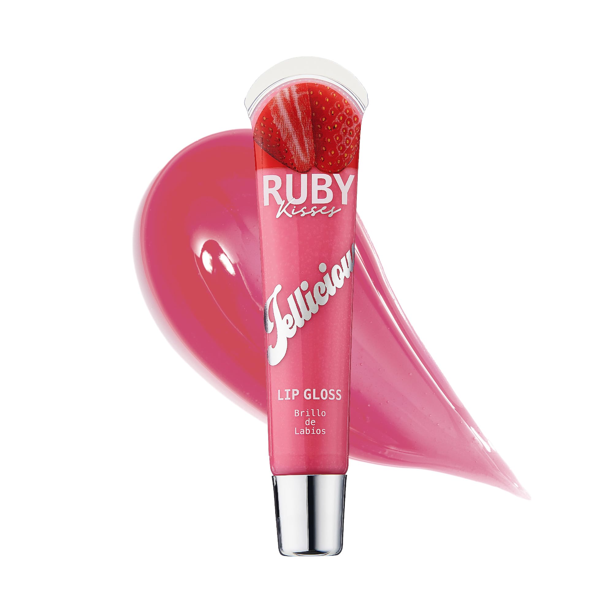 Ruby Kisses Jellicious lip gloss jar label highlights premium packaging suitable for gifting.