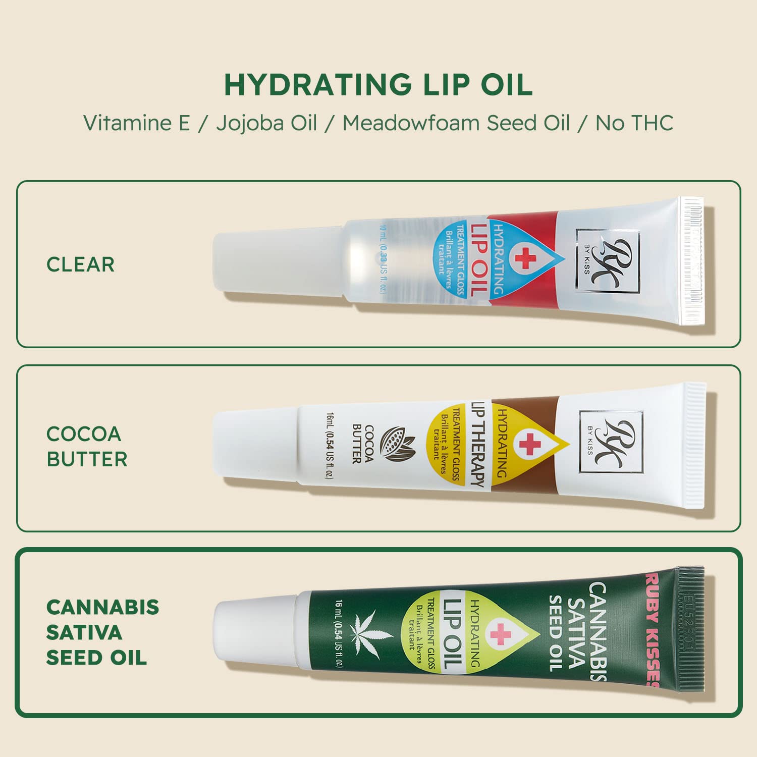 Ruby Kisses Lip Oil no THC label closeup indicating gentle care for sensitive lips