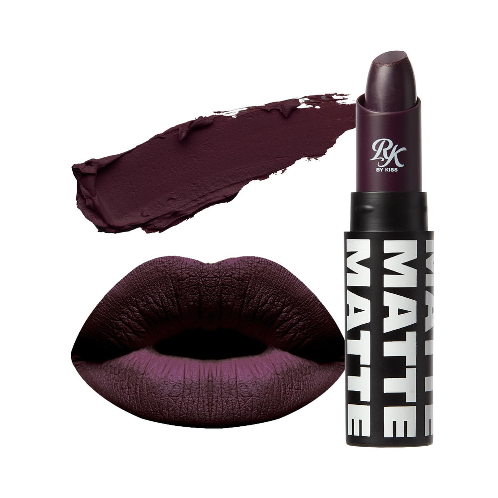 Ruby Kisses Blackberry lipstick close-up shows bold pigment for all-day color.