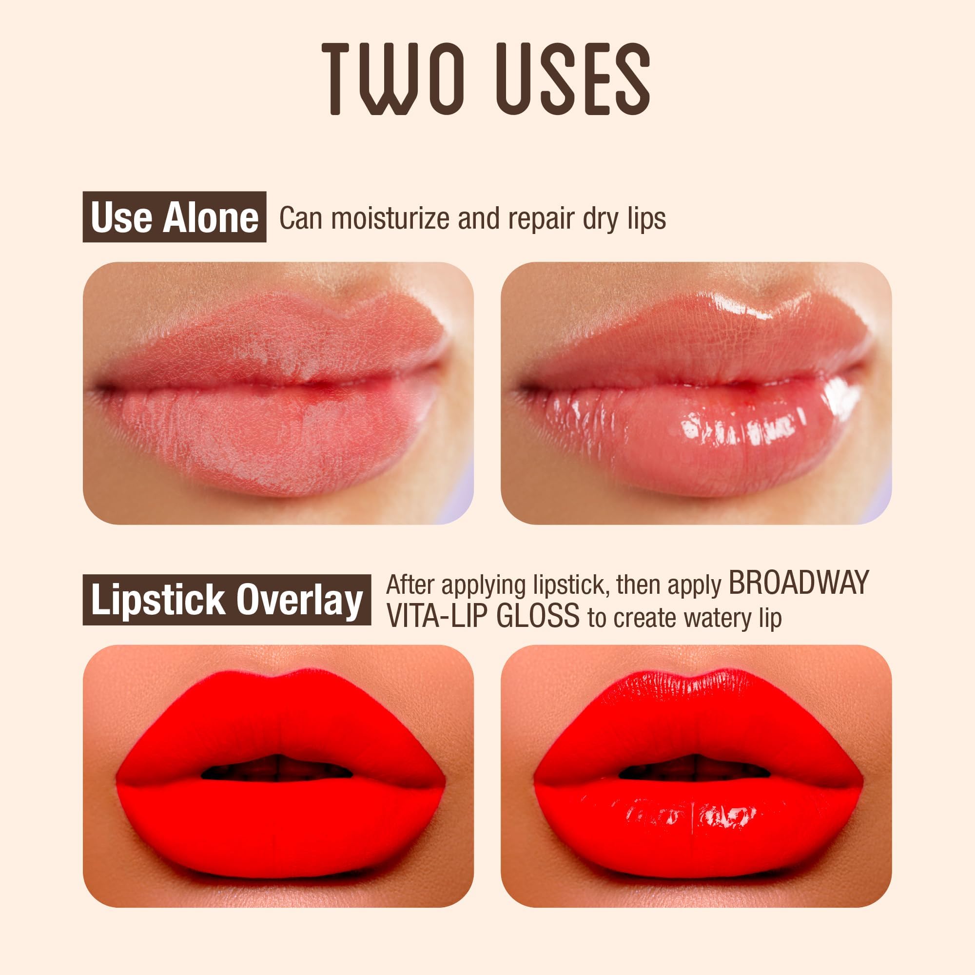 Model applying Ruby Kisses Broadway Vita-Lip gloss on lips for a smooth, lightweight feel.