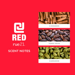 Rue 21 CJ Red fragrance notes graphic highlights cinnamon warmth