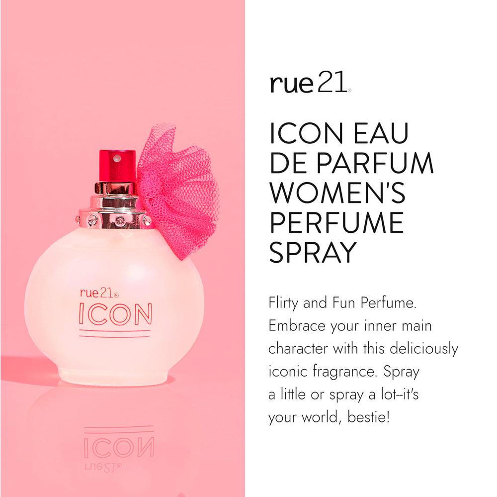Rue 21 Icon Eau de Parfum spray action in hand for easy application.