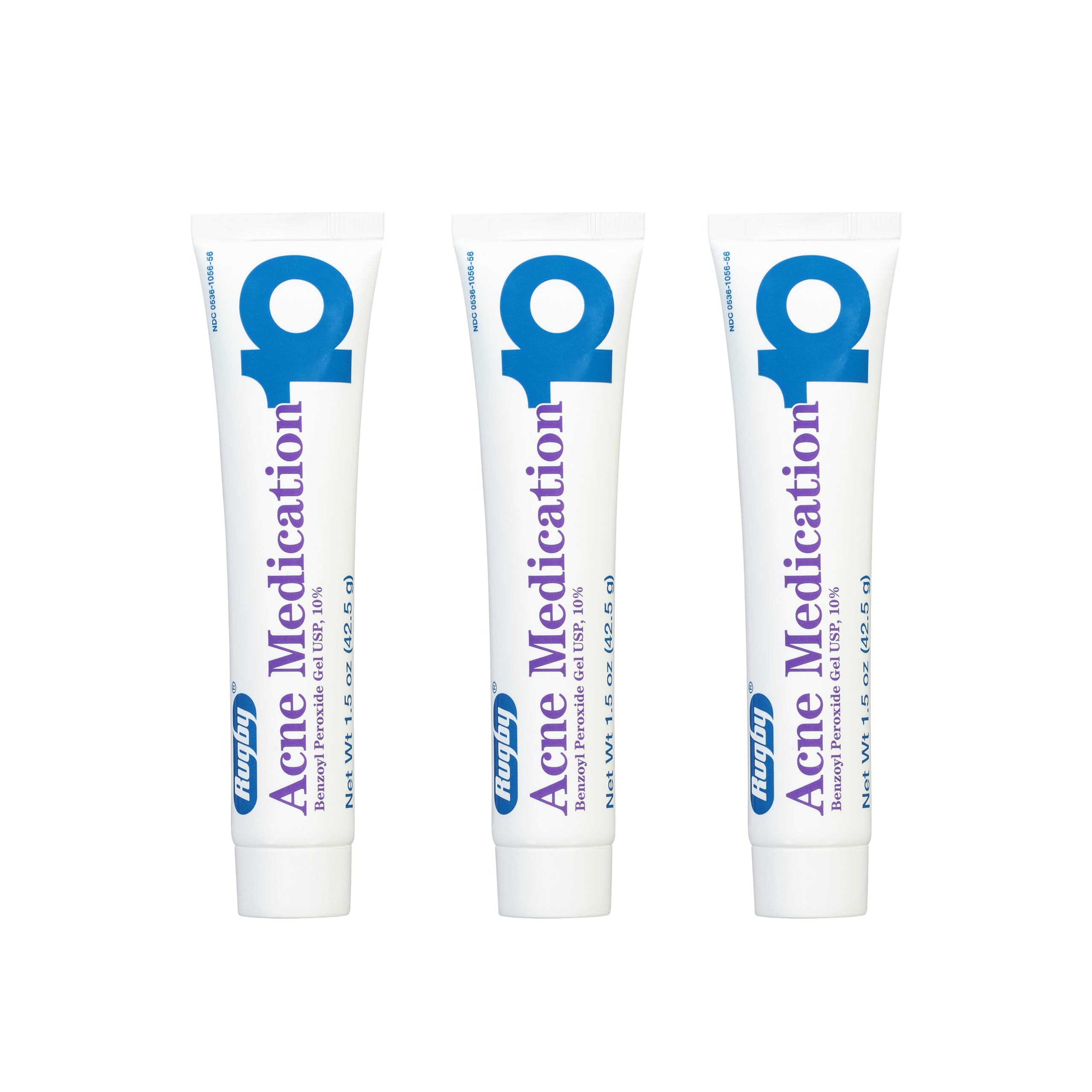 Rugby Laboratories benzoyl peroxide gel 10% jar showcases acne-fighting formula for clearer skin.
