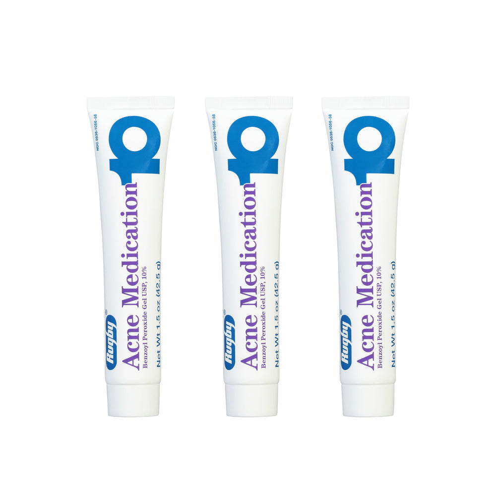 Rugby Laboratories benzoyl peroxide gel 10% jar showcases acne-fighting formula for clearer skin.