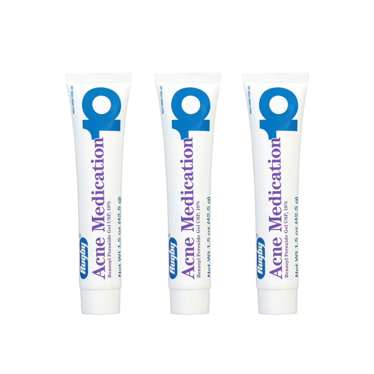 Rugby Laboratories benzoyl peroxide gel 10% jar showcases acne-fighting formula for clearer skin.