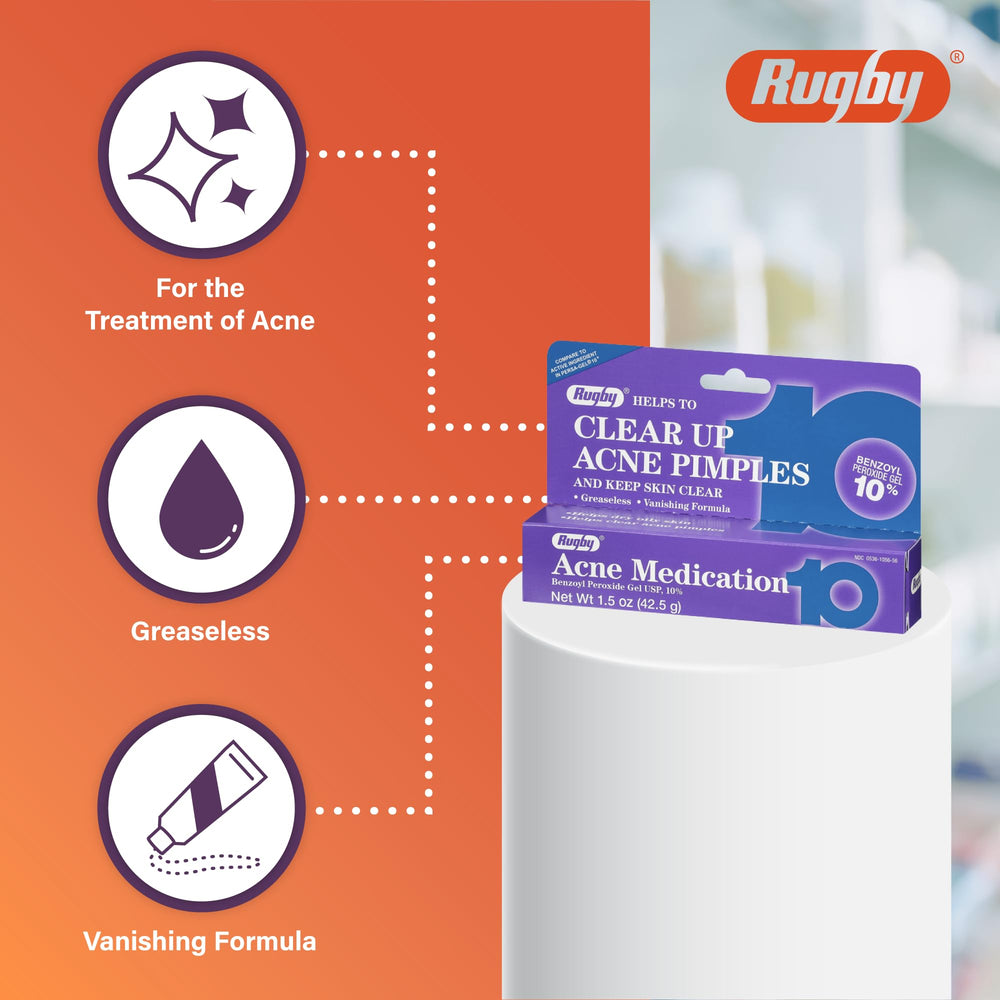 Rugby Laboratories benzoyl peroxide gel greaseless formula bottle shows oil-control benefits.