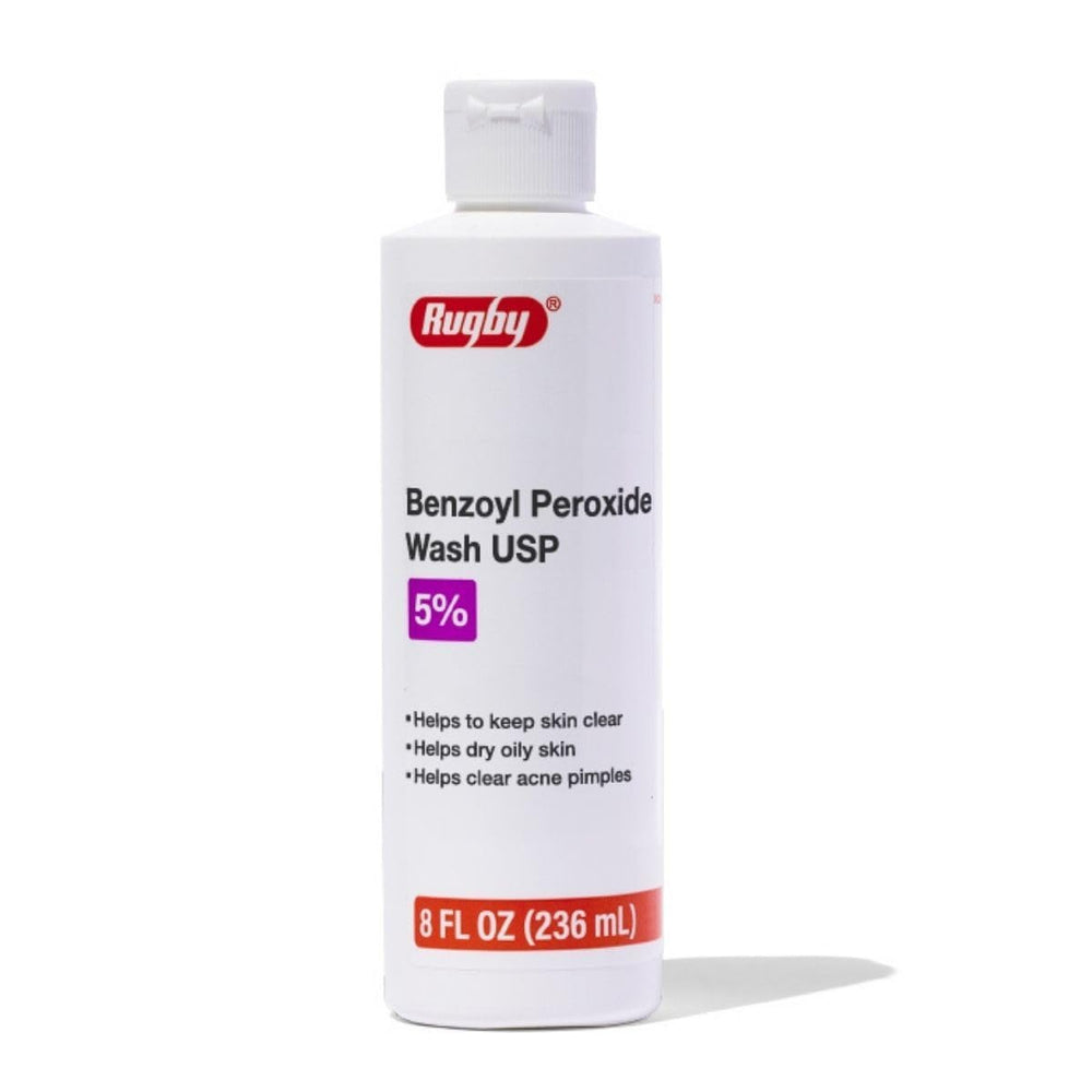 Rugby Laboratories benzoyl peroxide wash 5% bottle helps clear acne-prone skin.