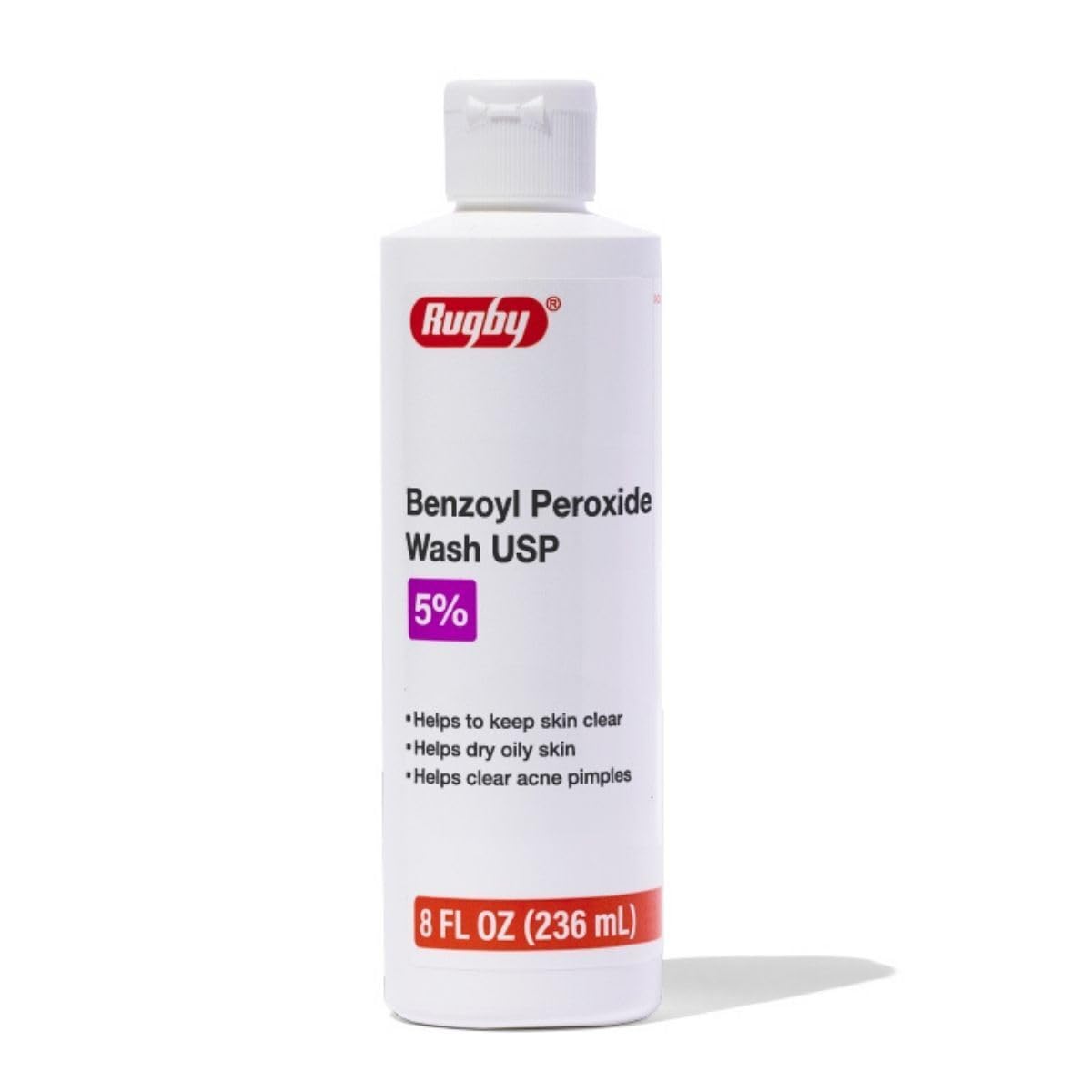 Rugby Laboratories benzoyl peroxide wash 5% bottle helps clear acne-prone skin.