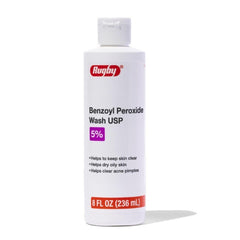 Rugby Laboratories benzoyl peroxide wash 5% bottle helps clear acne-prone skin.