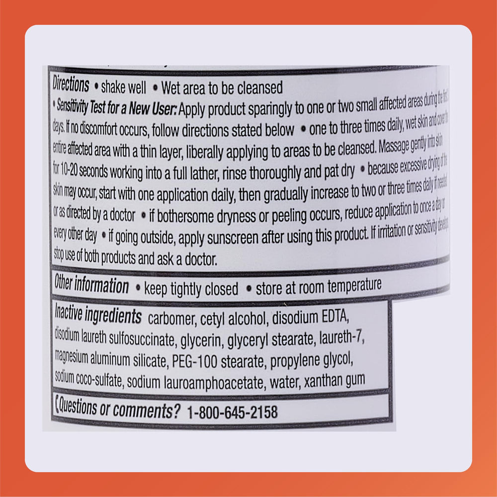 Rugby Laboratories benzoyl peroxide wash daily-use bottle shown in routine skincare.