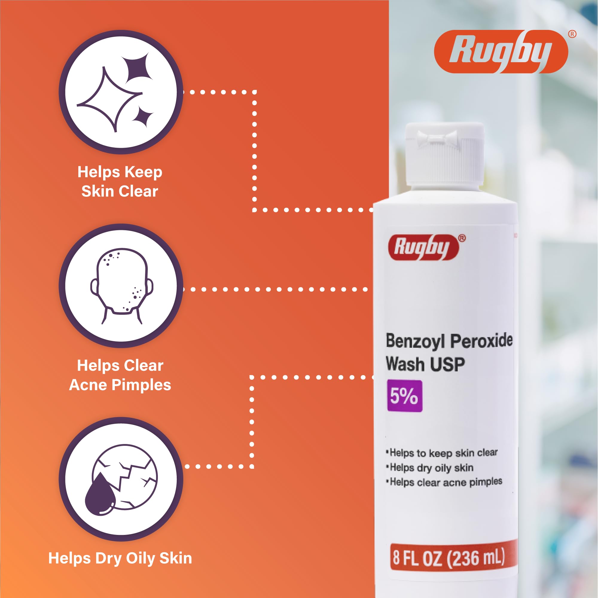 Rugby Laboratories benzoyl peroxide wash foamy suds on face for clean, refreshed skin.