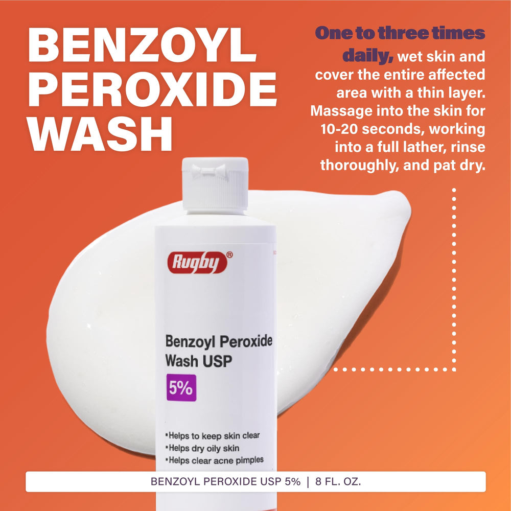 Rugby Laboratories benzoyl peroxide wash lather scene promotes gentle cleansing for oily skin.