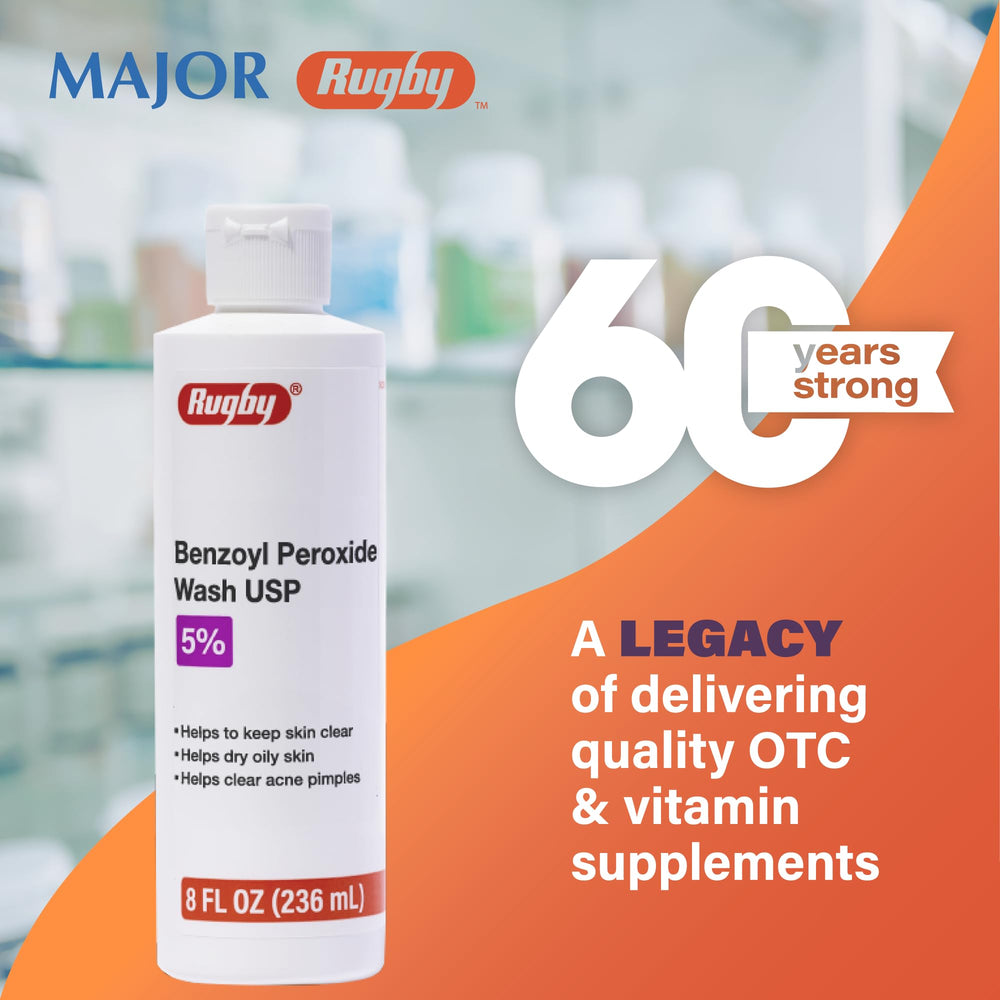 Rugby Laboratories benzoyl peroxide wash helps reduce shine during morning skincare.