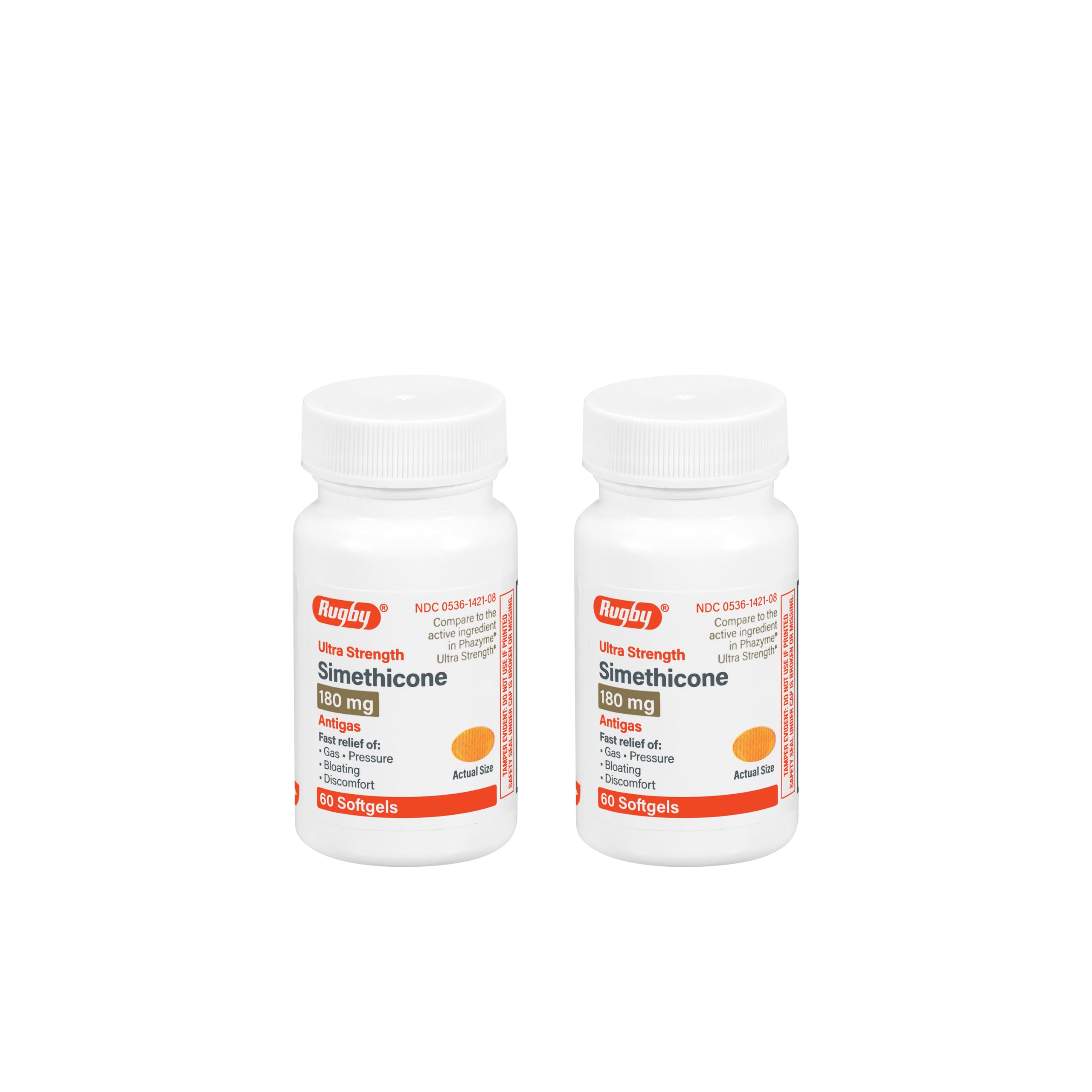 Rugby Laboratories gas relief softgels bottle front shows quick comfort after meals.