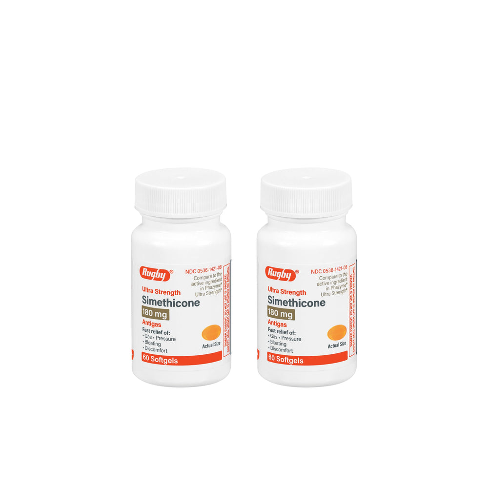 Rugby Laboratories gas relief softgels bottle front shows quick comfort after meals.