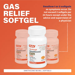 Rugby Laboratories gas relief softgels 60-count pack for on-the-go relief.