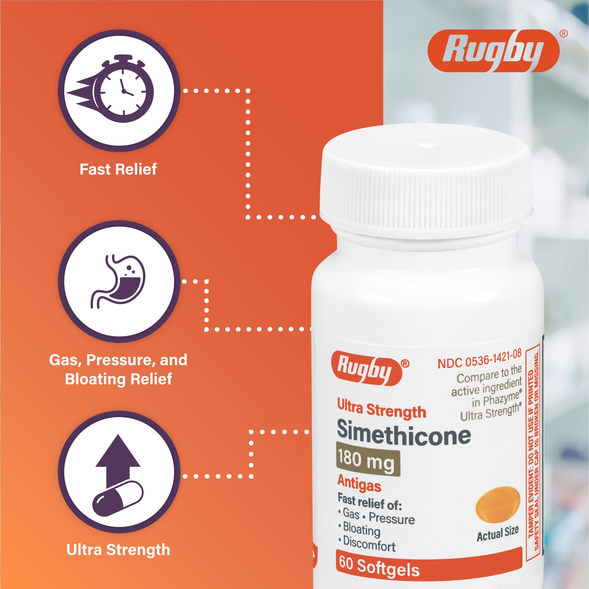 Rugby Laboratories simethicone 180mg softgel close-up highlighting anti-foaming action.