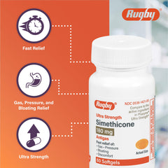 Rugby Laboratories simethicone 180mg softgel close-up highlighting anti-foaming action.