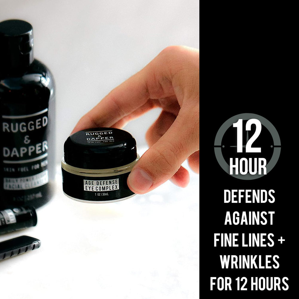 RUGGED & DAPPER eye cream application point demonstrates easy under-eye use for mornings