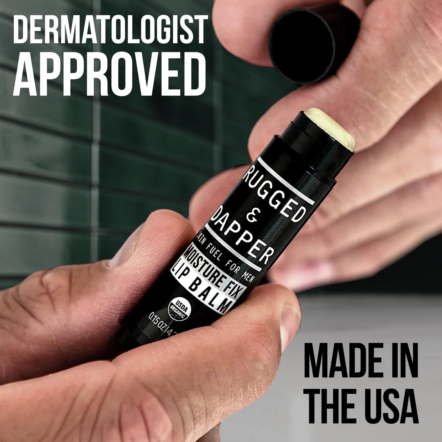 RUGGED & DAPPER lip balm 4-pack back view highlighting natural ingredients and clean label