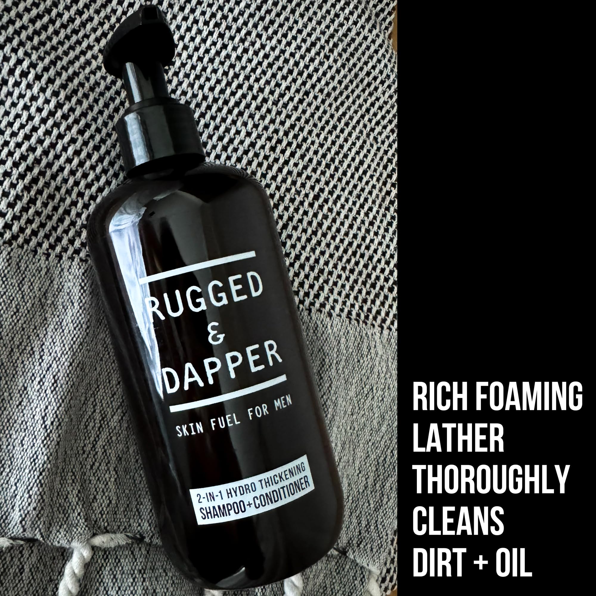 RUGGED & DAPPER rich foaming lather cleanses hair with noticeable softness.