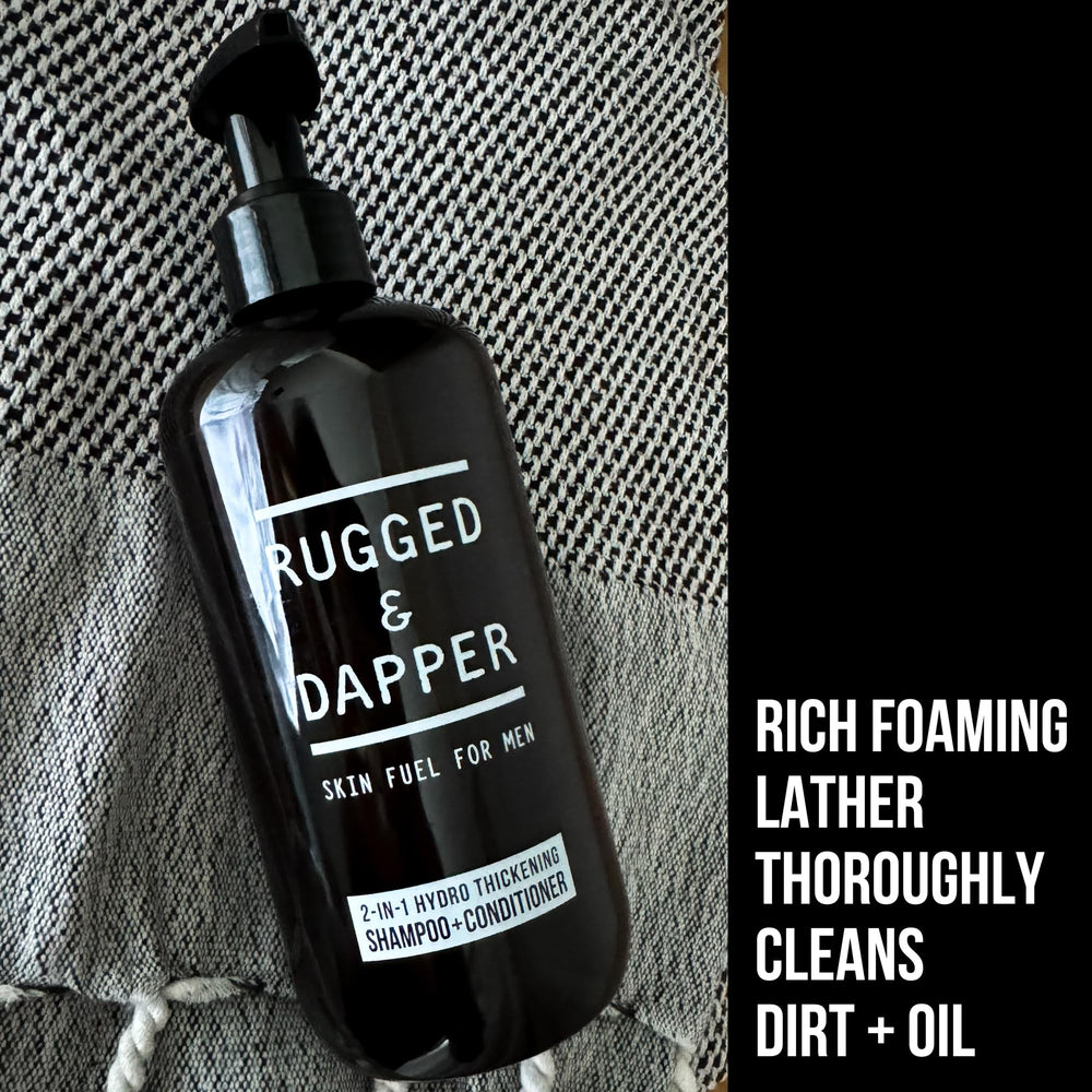 RUGGED & DAPPER rich foaming lather cleanses hair with noticeable softness.