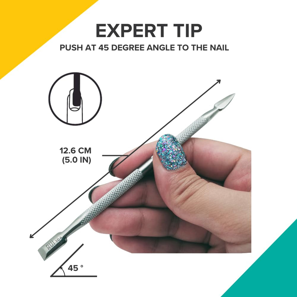 Rui Smiths Pro Cuticle Pusher spatula end captures versatile tool for nail cleaning.