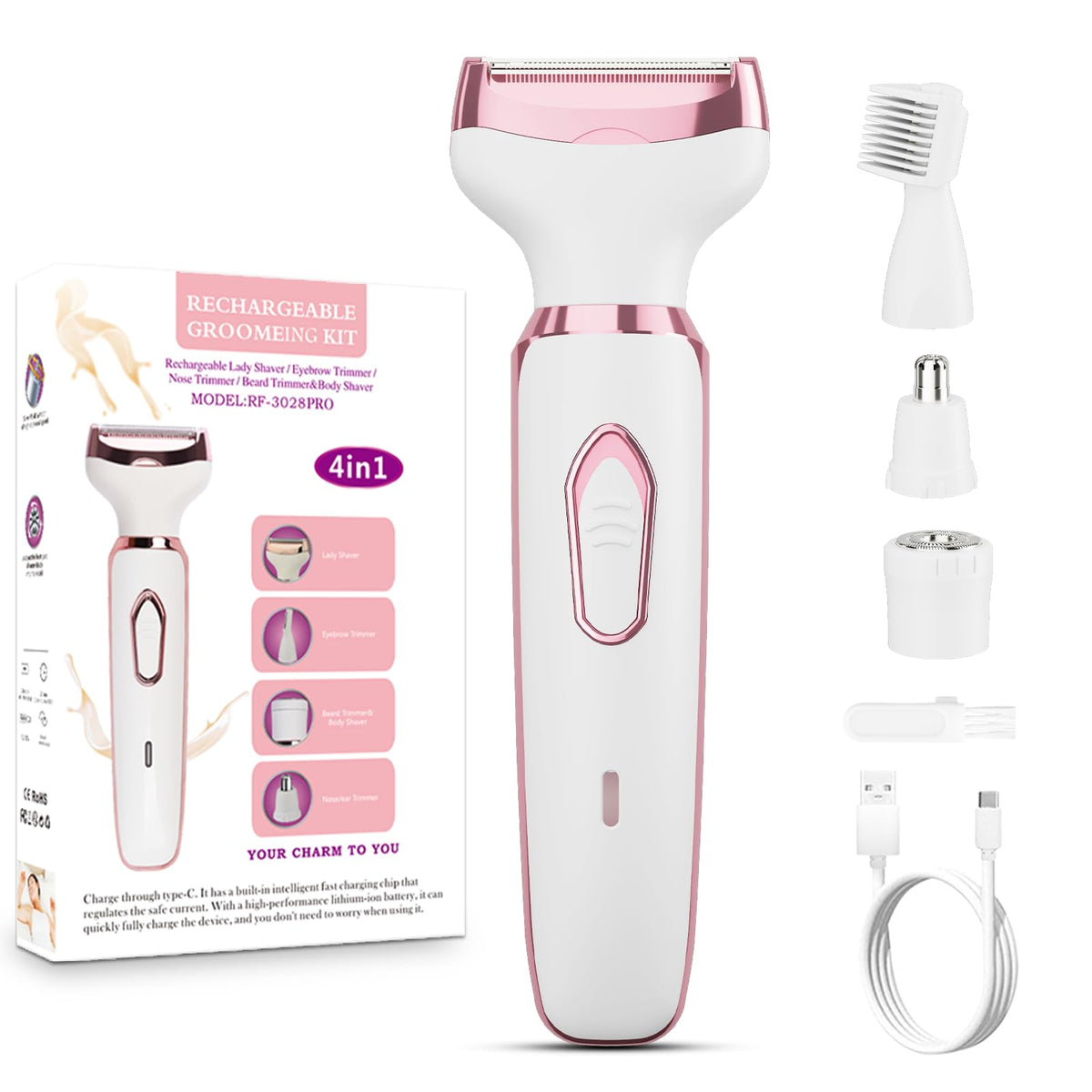 RUIBO women's electric razor with 4in1 heads for precise face and body shaving