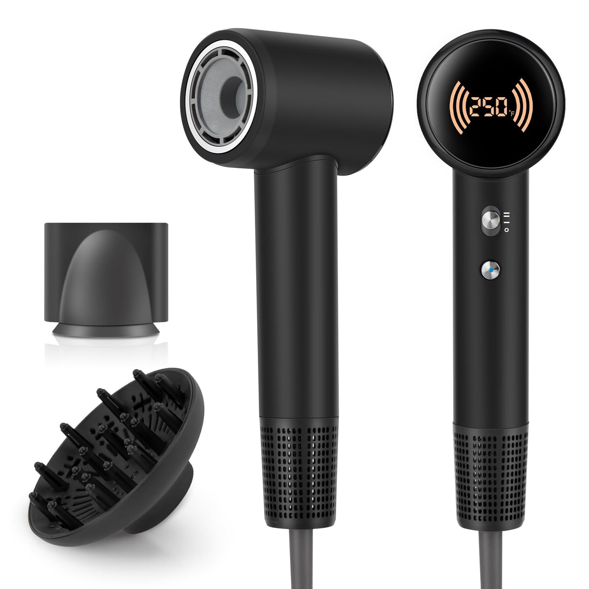 RuiKEeee hair dryer front view showing compact travel-ready design for quick styling