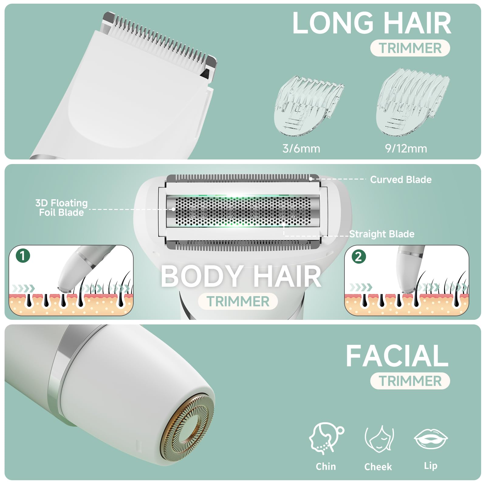 RUIM bikini trimmer heads closeup highlights interchangeable heads for precise edging