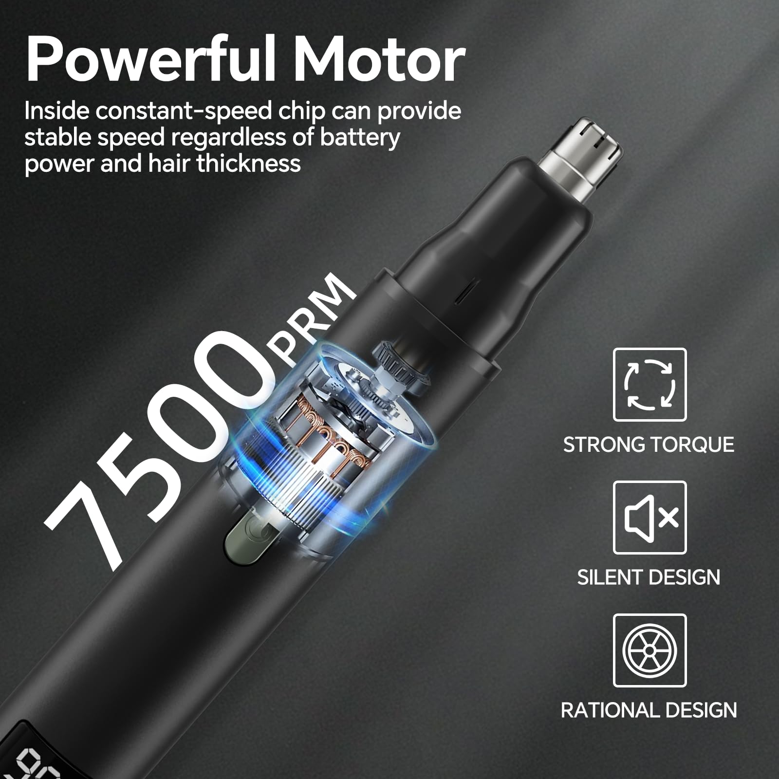 RUIM nose hair trimmer LED display shows battery level.