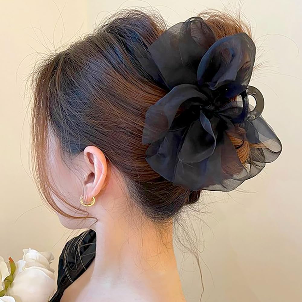 RUIYDZ black mesh bowknot clip front view for thick hair with secure hold