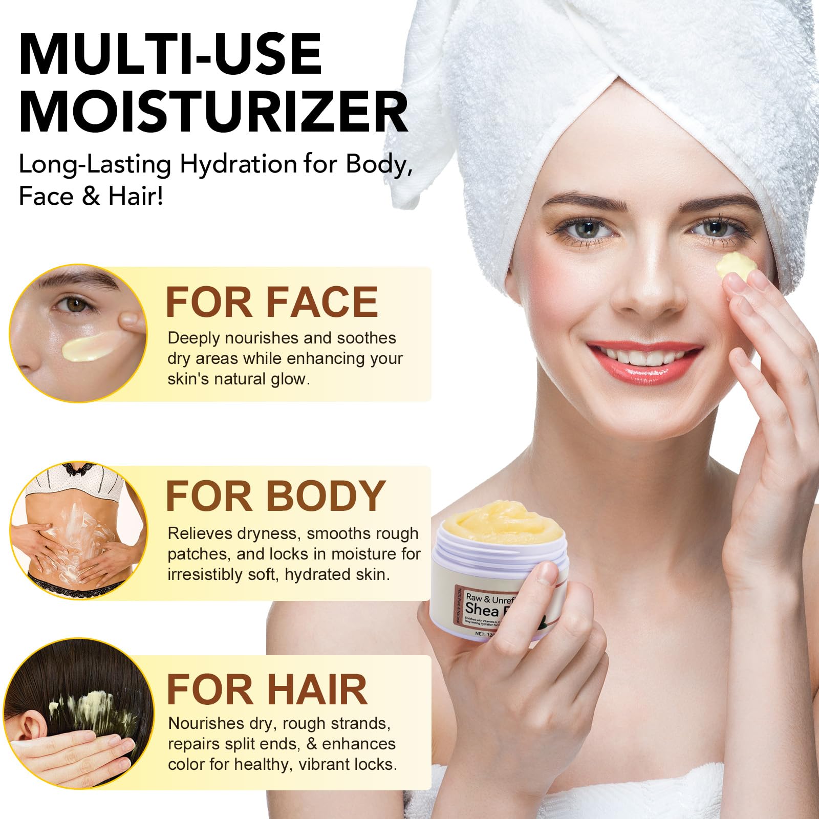 Rulviou Shea Butter on scalp care visuals suggest soothing hydration.