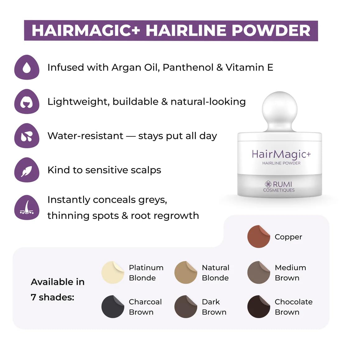 Rumi Cosmetiques HairMagic+ water-resistant formula lasts through workouts and heat.