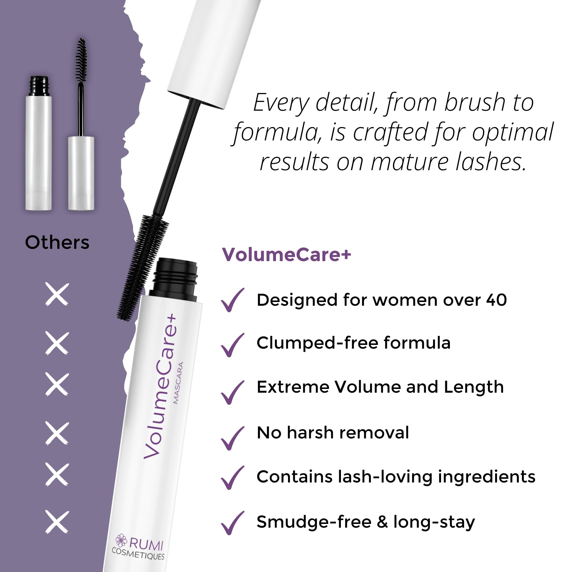 Rumi Cosmetiques VolumeCare+ Mascara growth peptides nourishing lash health over time.