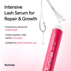 Ruminae Lash Serum packaging box illustrates premium Korean formula for sensitive-eyes safety