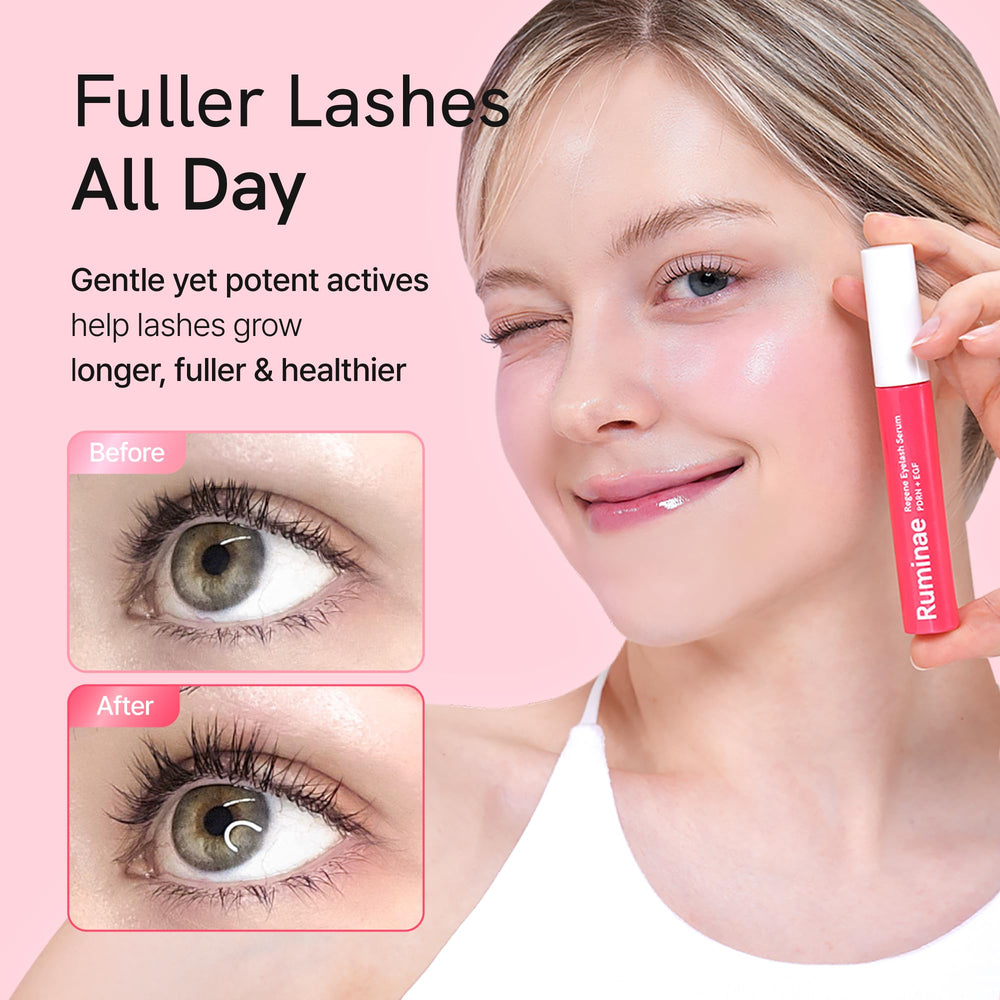 Ruminae Lash Serum wand application demonstrates easy daily ritual for stronger-feeling lashes