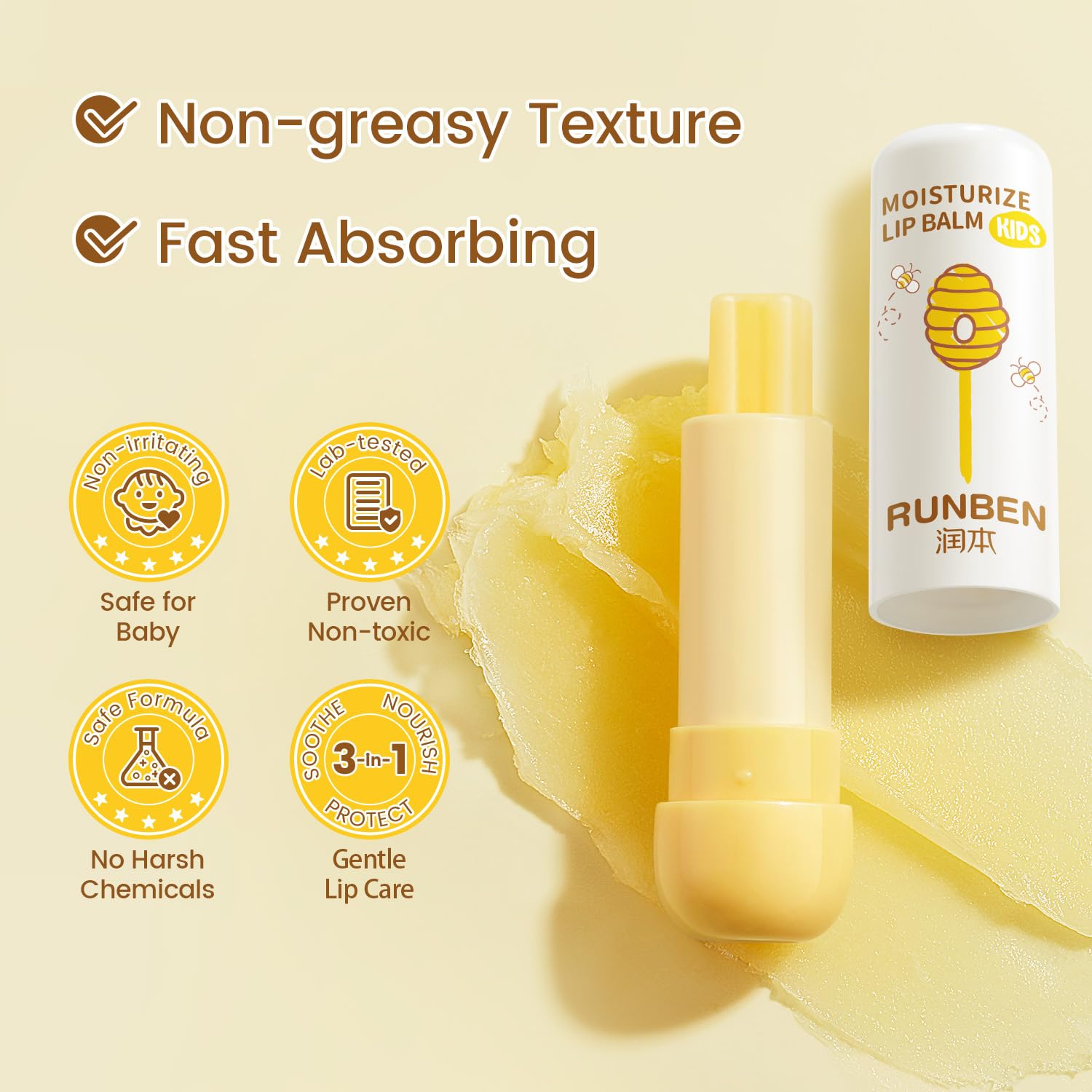 RUNBEN Kids Lip Balm in use, smooth application on dry lips.