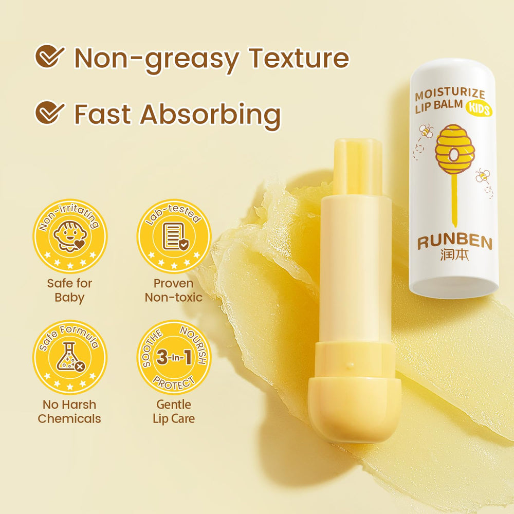 RUNBEN Kids Lip Balm in use, smooth application on dry lips.