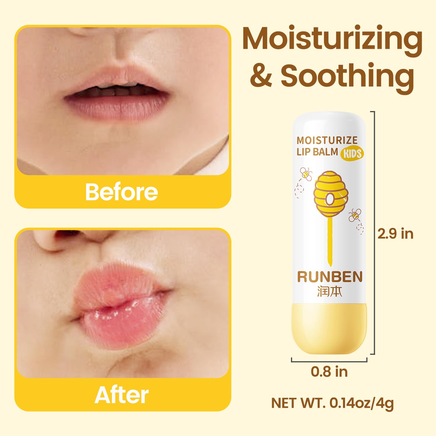 RUNBEN Kids Lip Balm close-up shows smooth, moisturizing texture.
