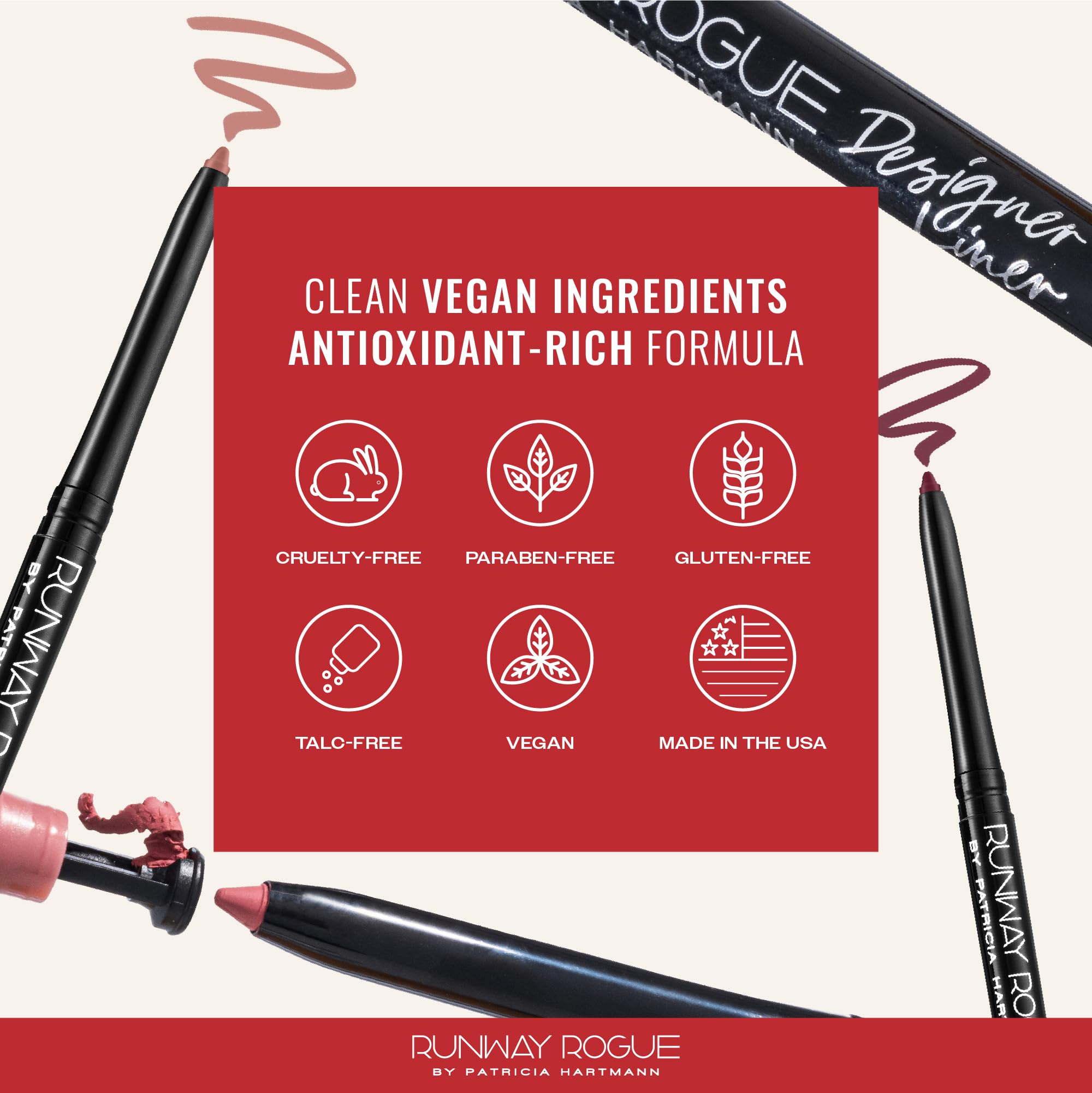 Runway Rogue vegan lip liner with peptides visualized in creamy texture close-up